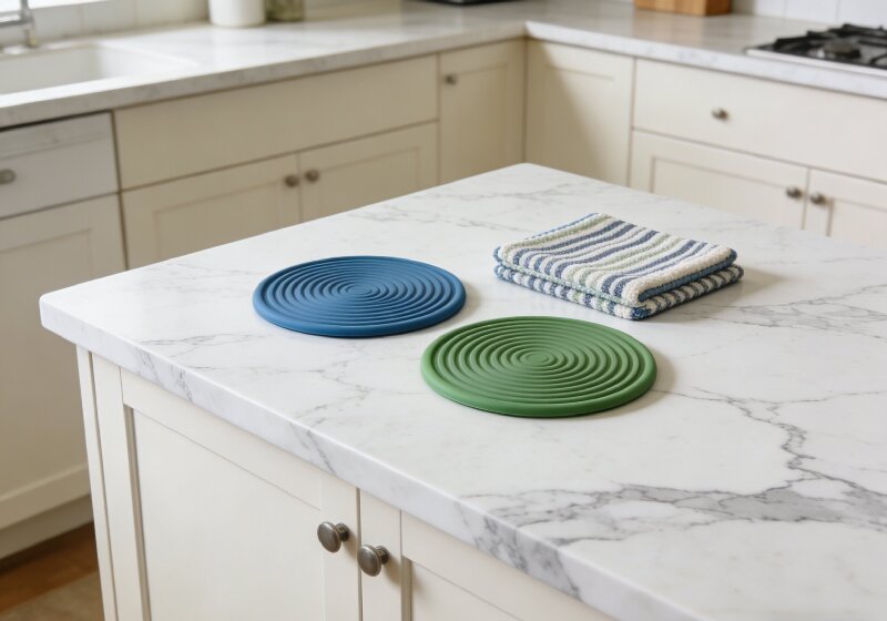 Kitchen island with trivets and hot pads