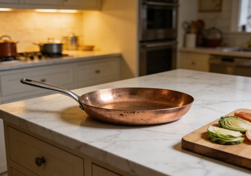 White marble kitchen countertop with hot pan
