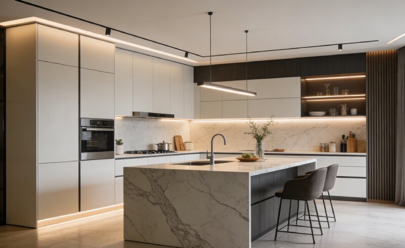 modern kitchen with marble island