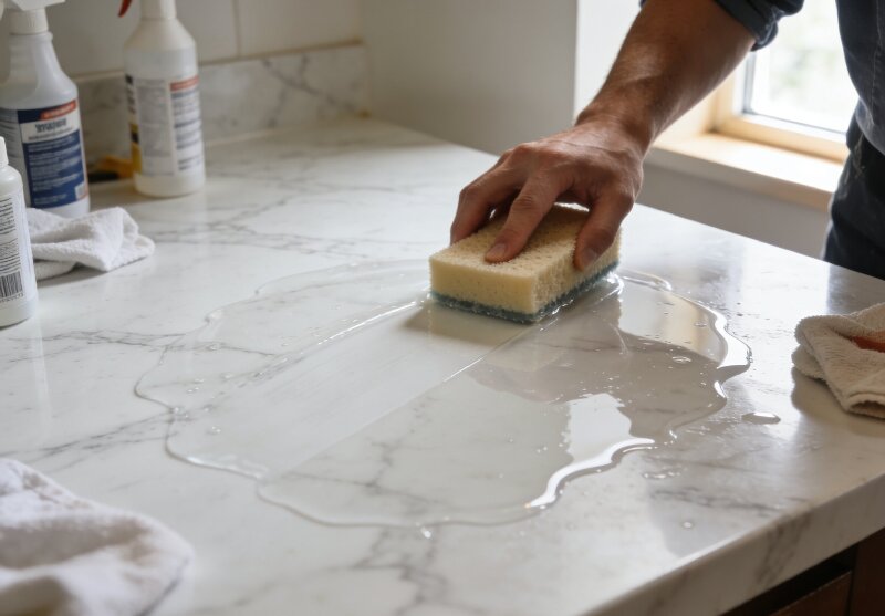 Worker applying sealer to marble