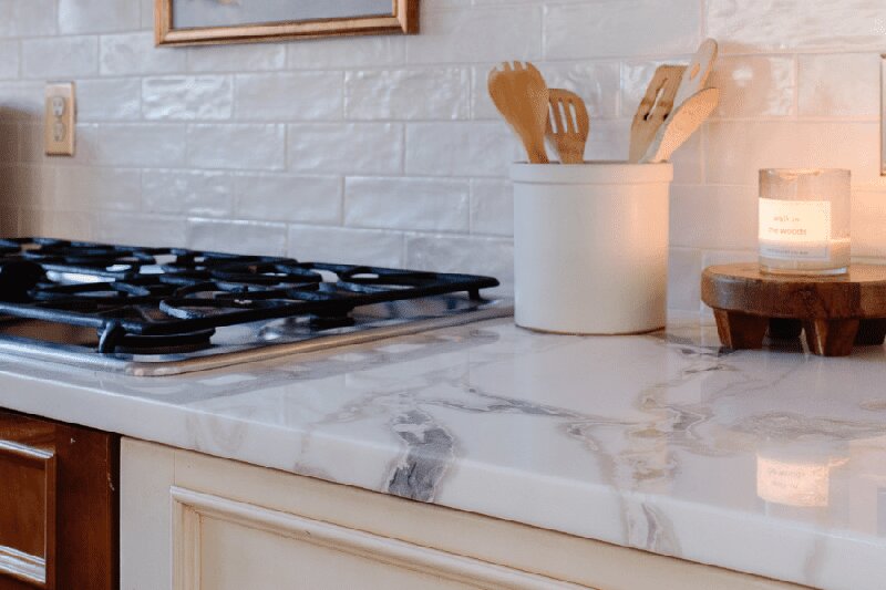 white marble kitchen countertop close up